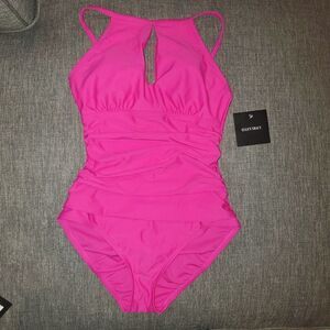 Ellen Tracy Size 6 Pink keyhole Neck Over the Shoulder One Piece Swimsuit